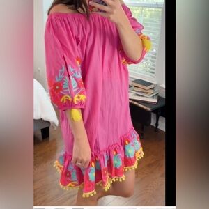Debbie Katz Beach Coverup pink dress tassels embroidered flowers off sho…